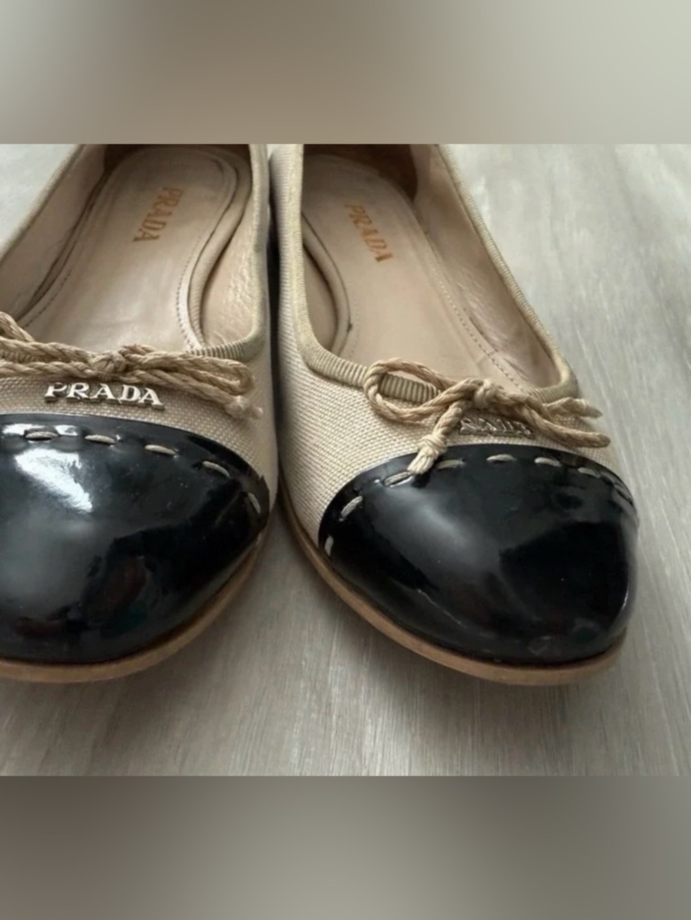 Prada Canvas Cap Toe Ballet Flats Beige Black Women Sz 7 - Picture 6 of 15